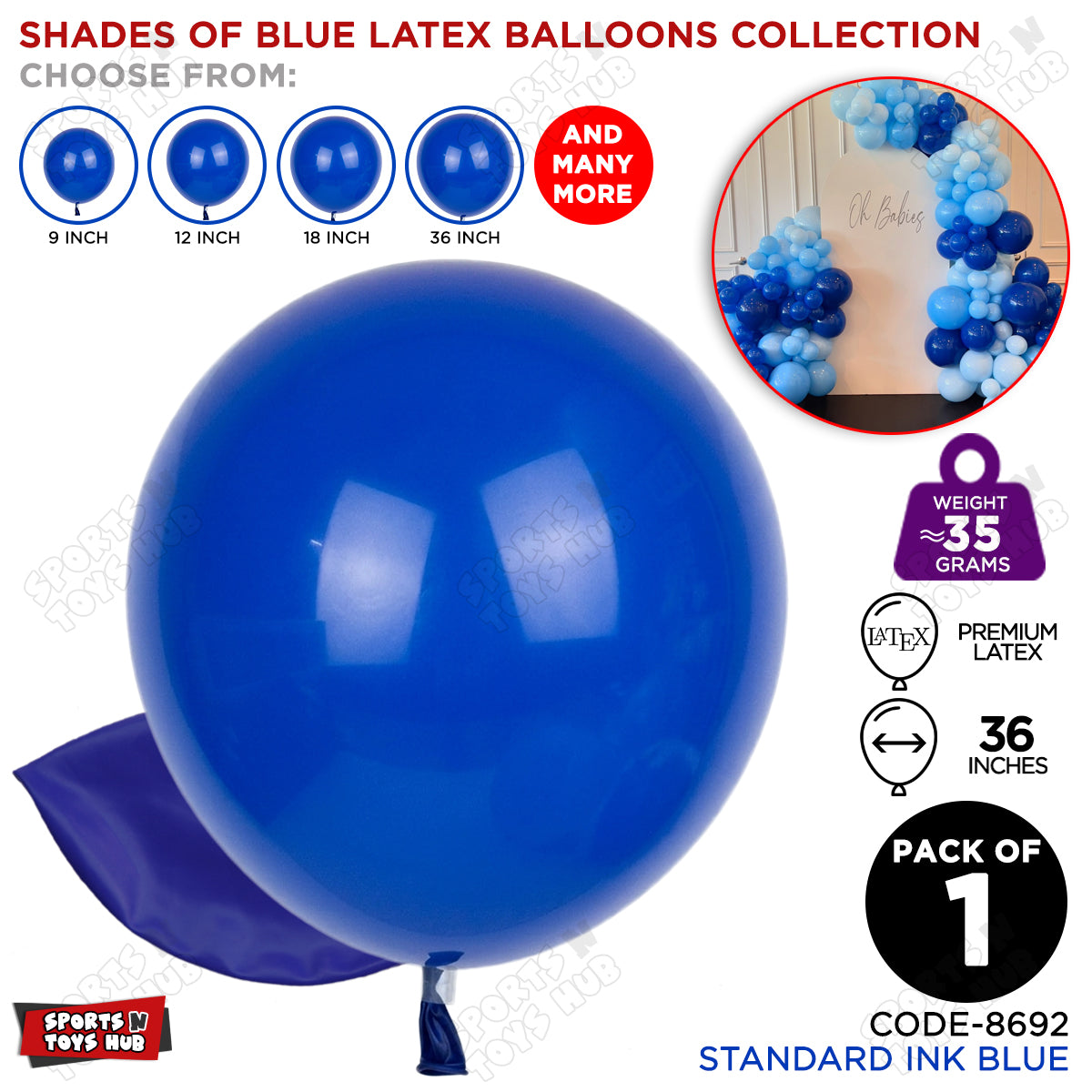 Ink Blue Latex Solid Balloons Available In 9, 12, 18 & 36 Inch Sizes