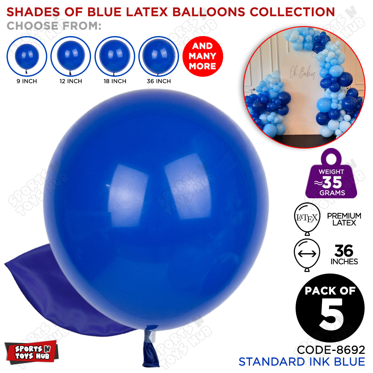 Ink Blue Latex Solid Balloons Available In 9, 12, 18 & 36 Inch Sizes