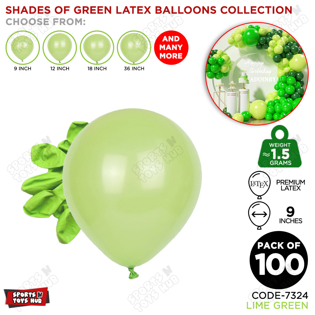 Lime Green Latex Solid Balloons Available In 9, 12, 18 & 36 Inch Sizes