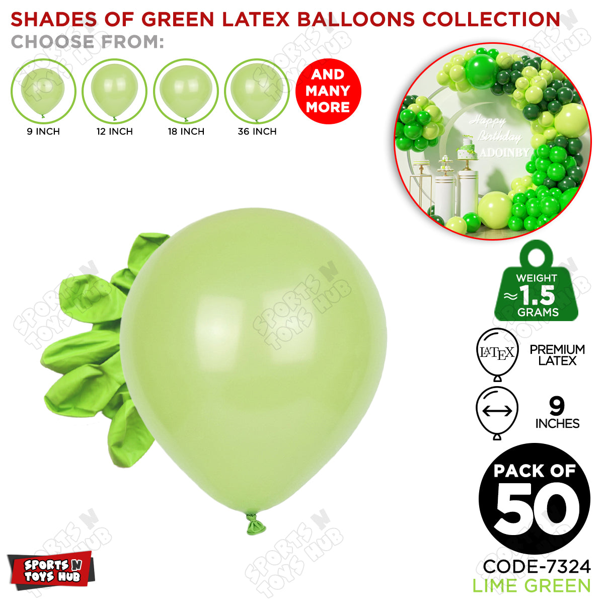 Lime Green Latex Solid Balloons Available In 9, 12, 18 & 36 Inch Sizes
