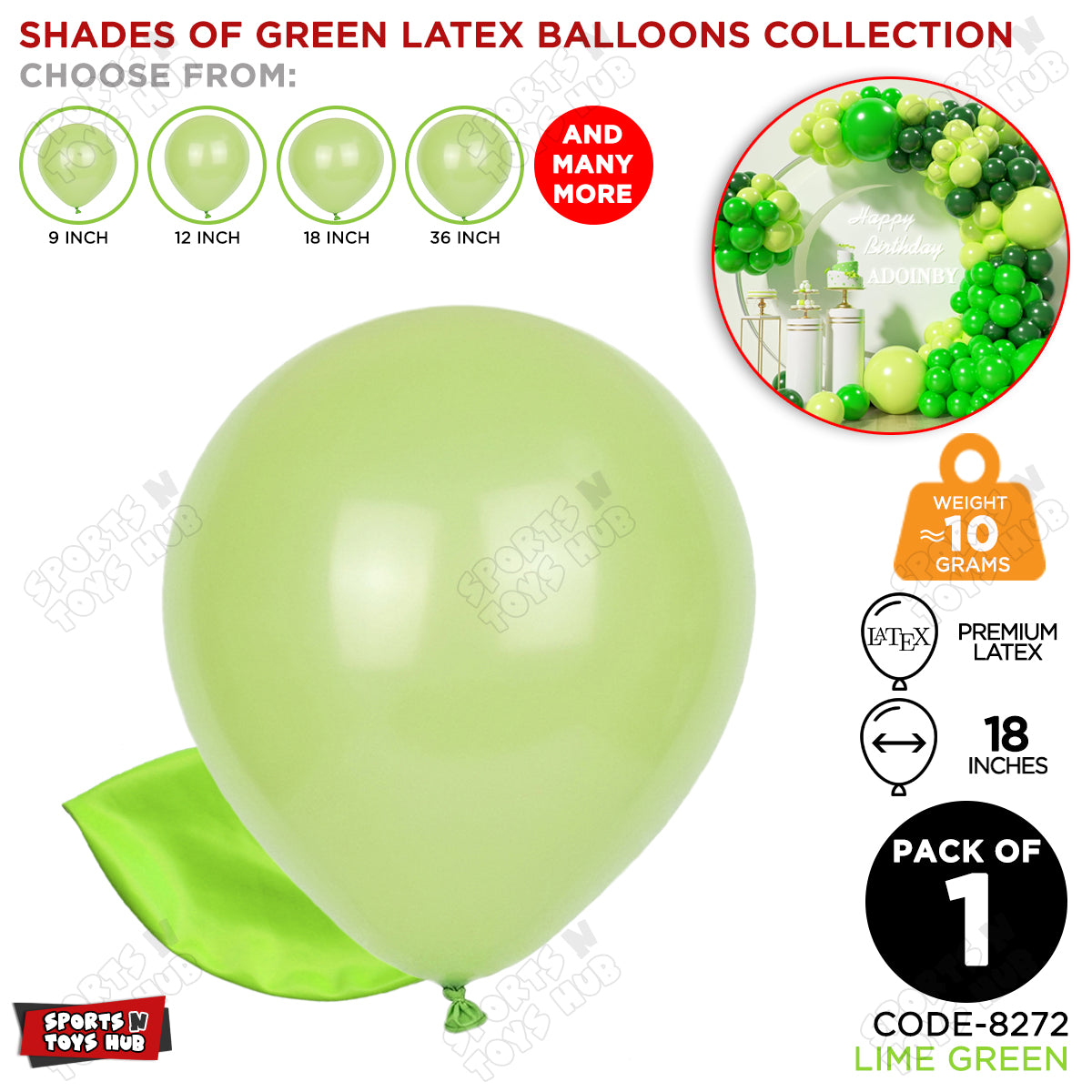 Lime Green Latex Solid Balloons Available In 9, 12, 18 & 36 Inch Sizes