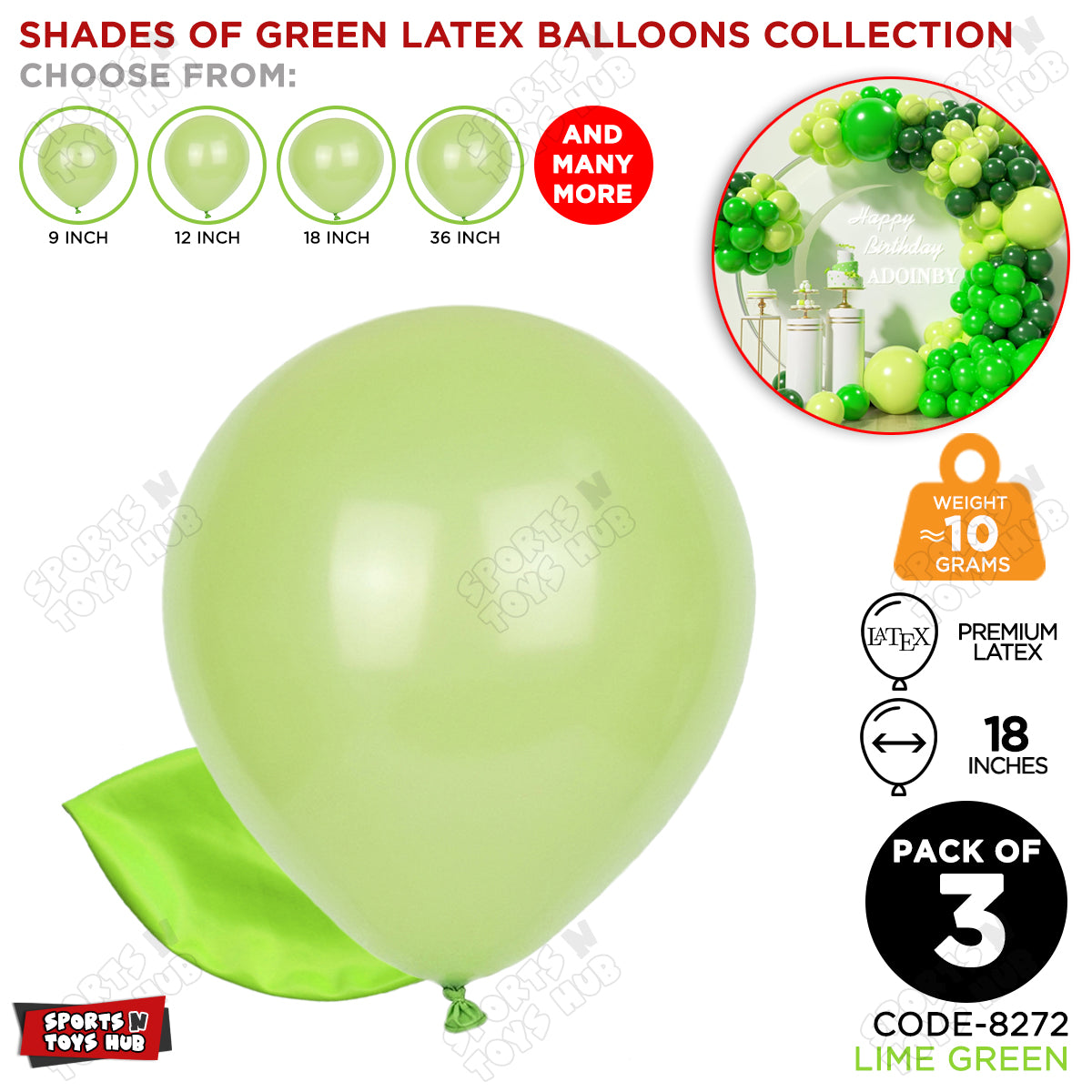 Lime Green Latex Solid Balloons Available In 9, 12, 18 & 36 Inch Sizes