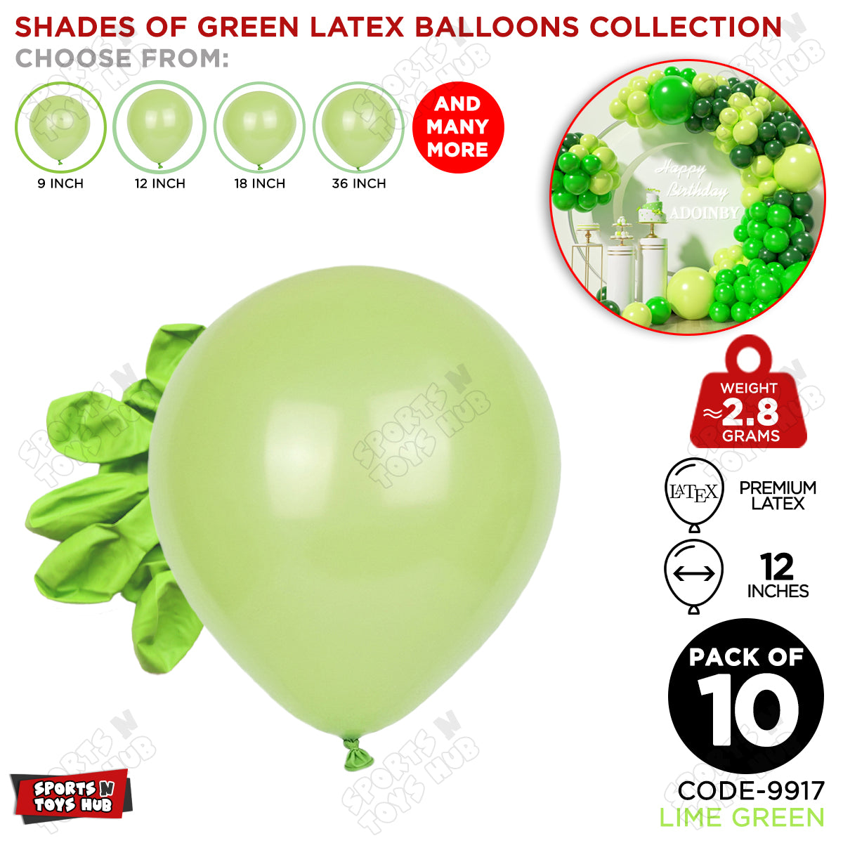 Lime Green Latex Solid Balloons Available In 9, 12, 18 & 36 Inch Sizes