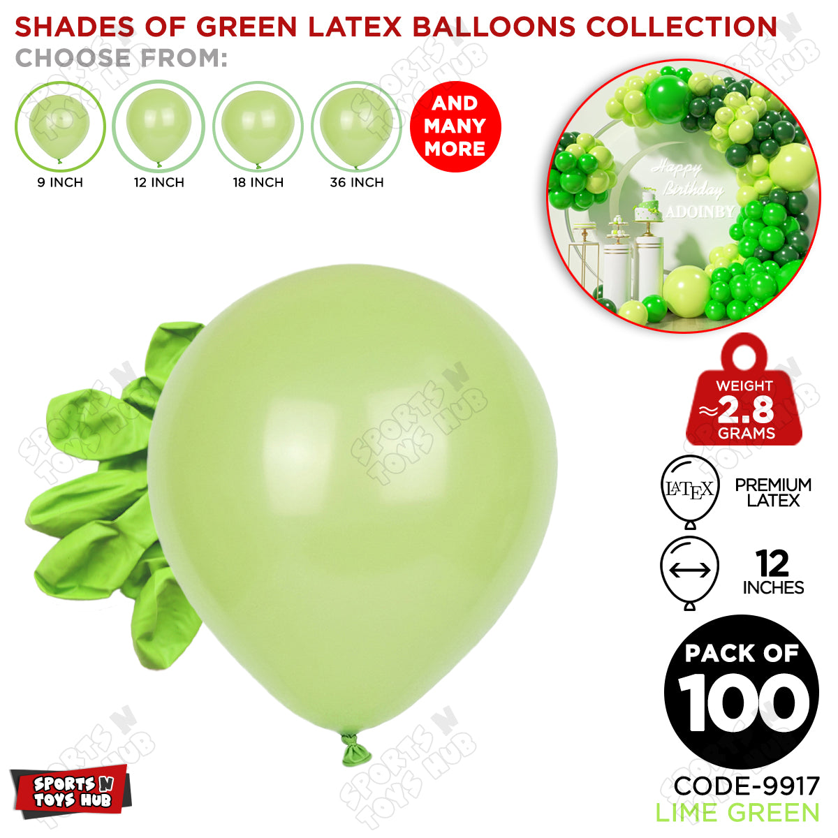 Lime Green Latex Solid Balloons Available In 9, 12, 18 & 36 Inch Sizes