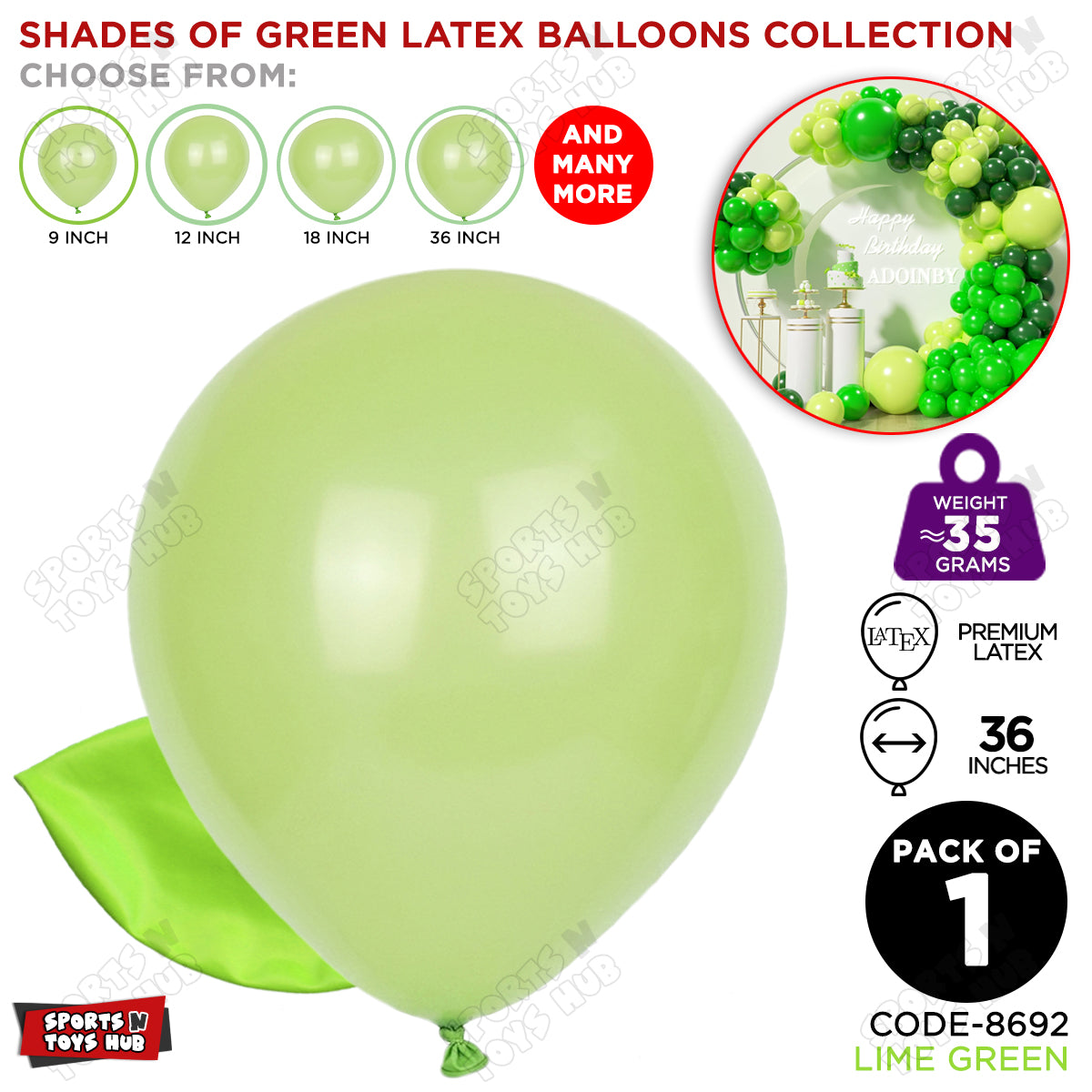 Lime Green Latex Solid Balloons Available In 9, 12, 18 & 36 Inch Sizes