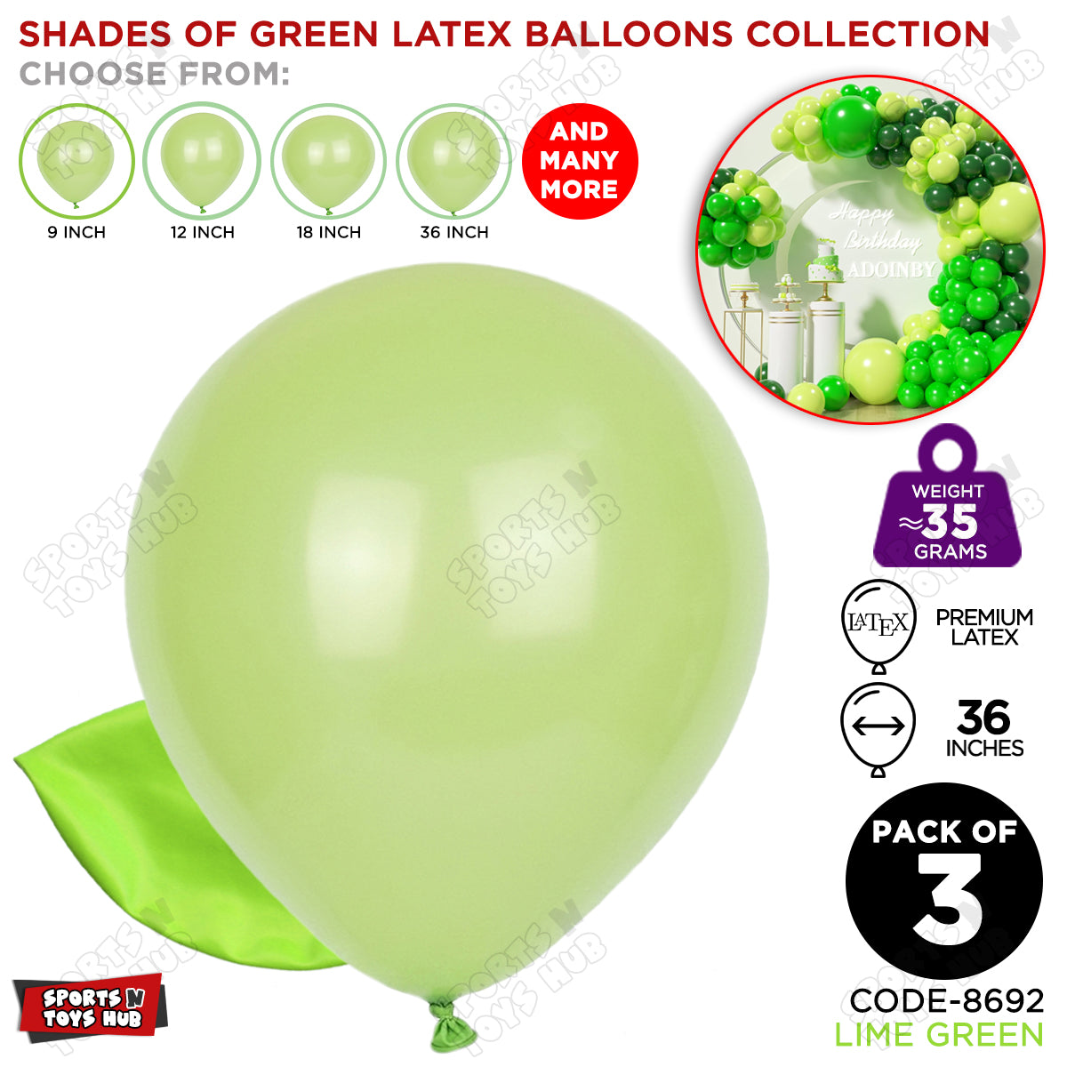 Lime Green Latex Solid Balloons Available In 9, 12, 18 & 36 Inch Sizes