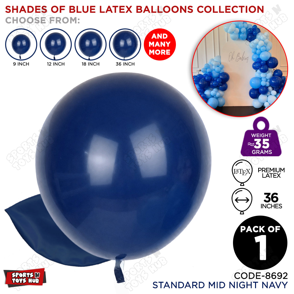 Midnight Navy Blue Latex Solid Balloons Available In 9, 12, 18 & 36 Inch Sizes