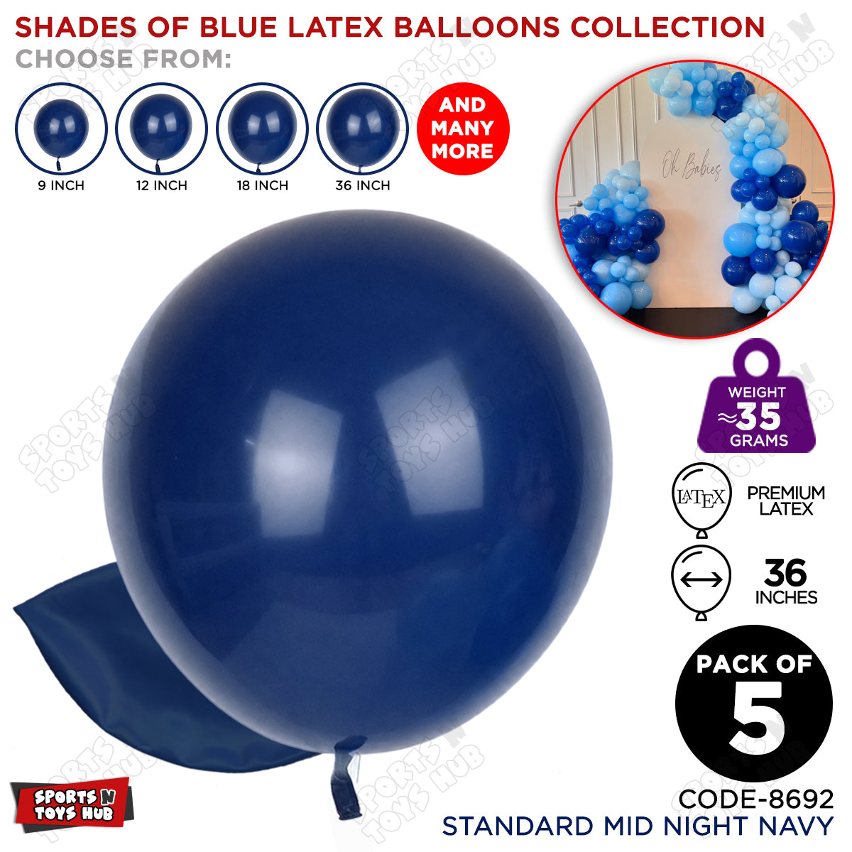 Midnight Navy Blue Latex Solid Balloons Available In 9, 12, 18 & 36 Inch Sizes