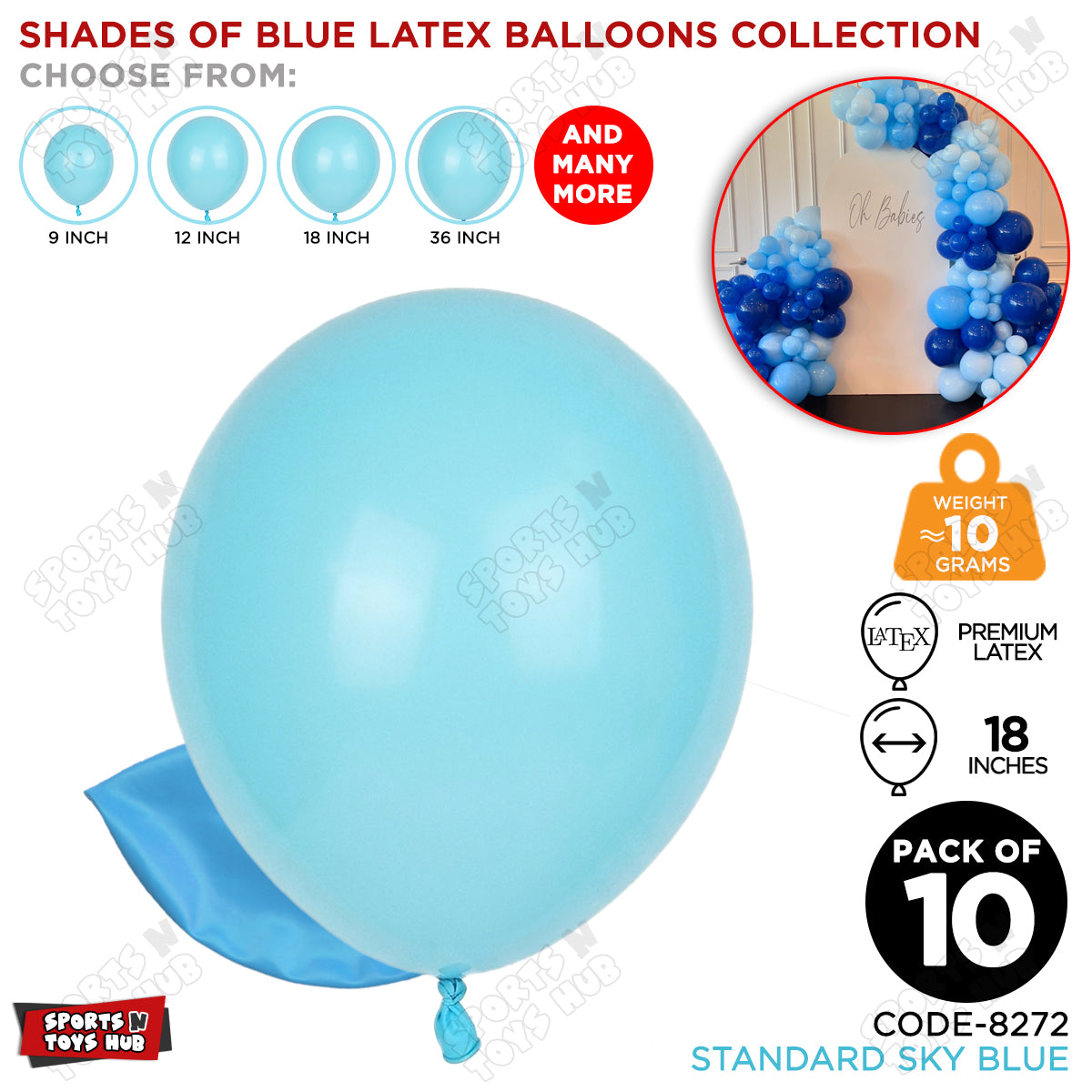 Sky Blue Latex Solid Balloons Available In 9, 12, 18 & 36 Inch Sizes