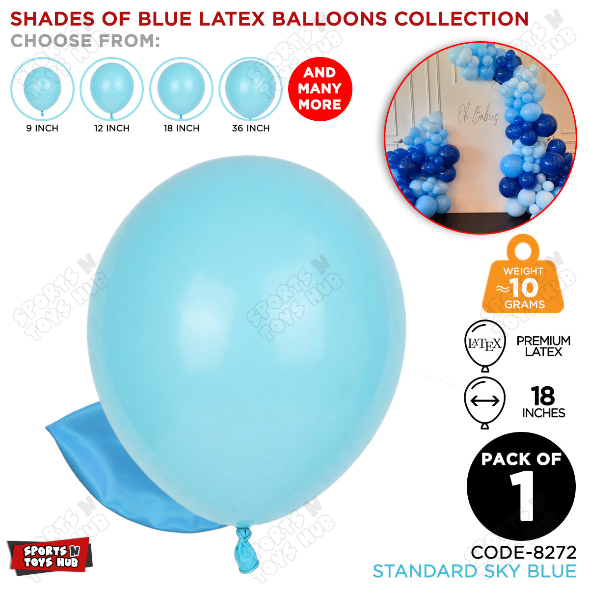Sky Blue Latex Solid Balloons Available In 9, 12, 18 & 36 Inch Sizes