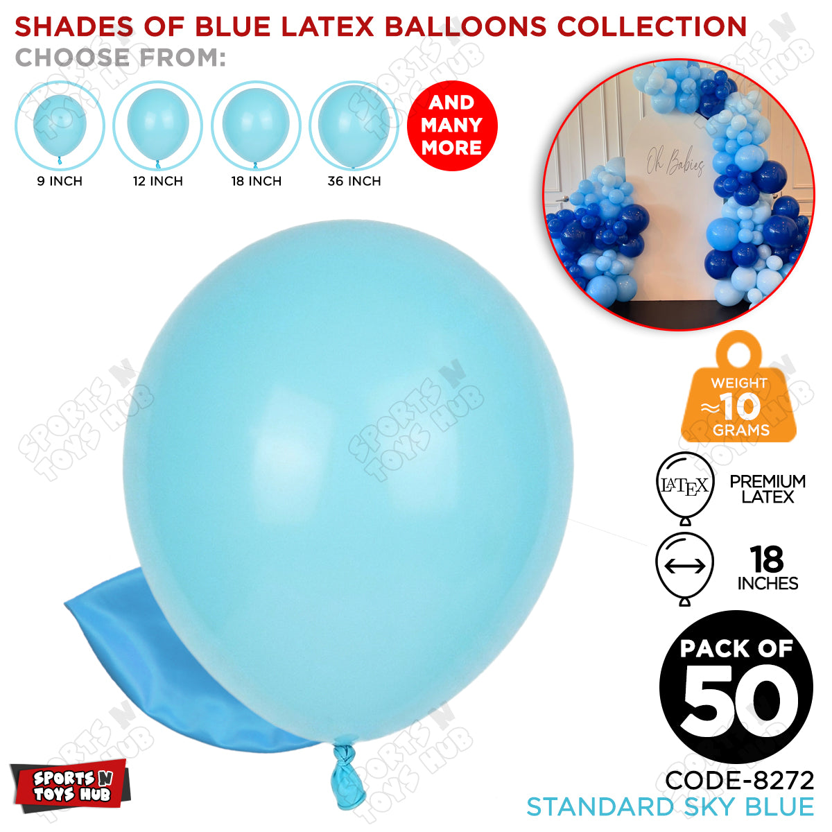 Sky Blue Latex Solid Balloons Available In 9, 12, 18 & 36 Inch Sizes