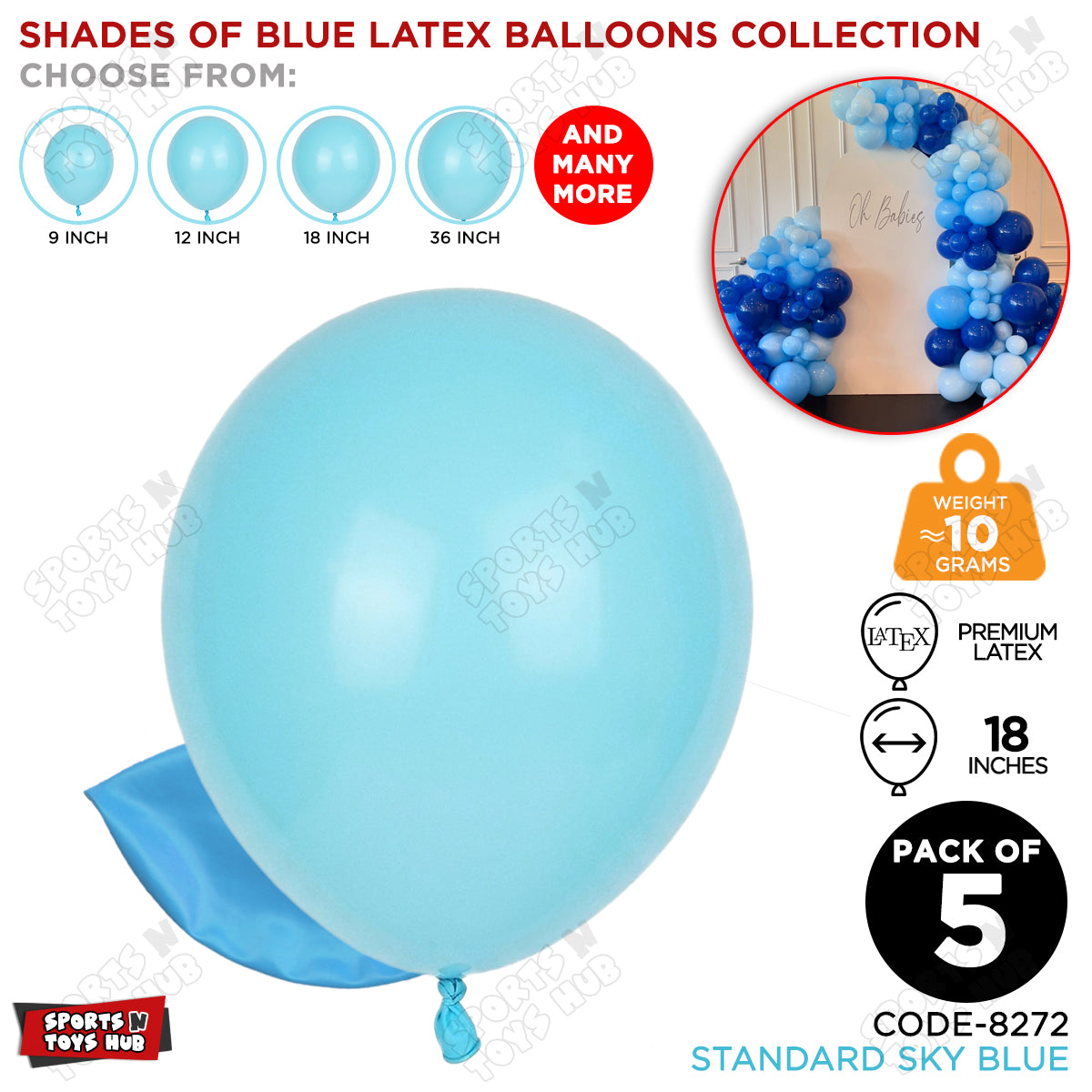 Sky Blue Latex Solid Balloons Available In 9, 12, 18 & 36 Inch Sizes