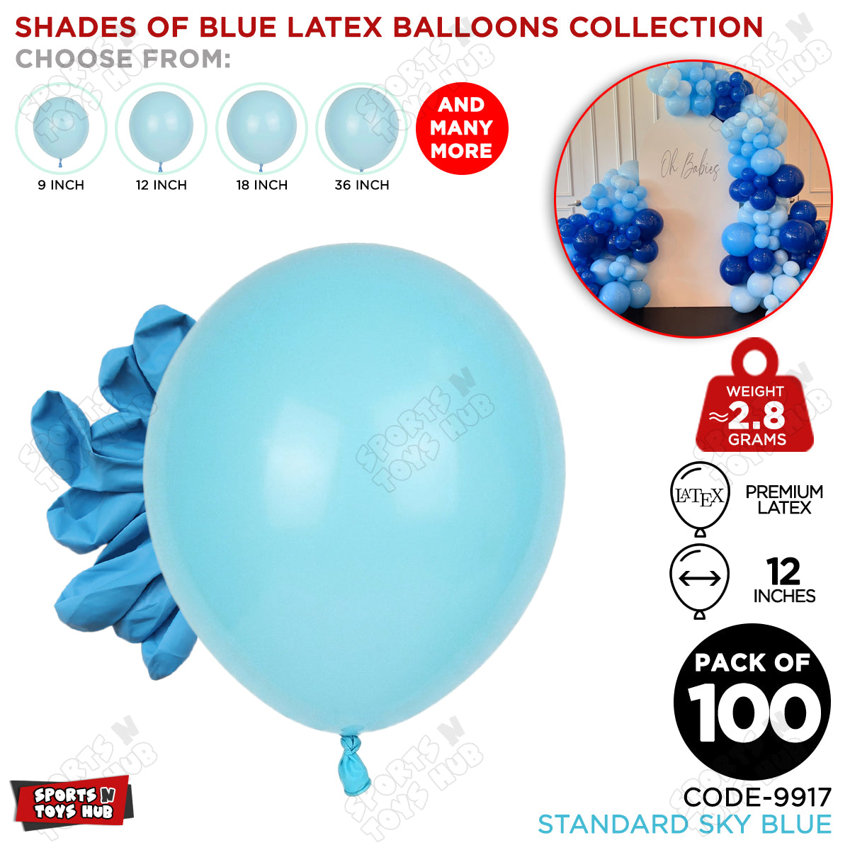Sky Blue Latex Solid Balloons Available In 9, 12, 18 & 36 Inch Sizes