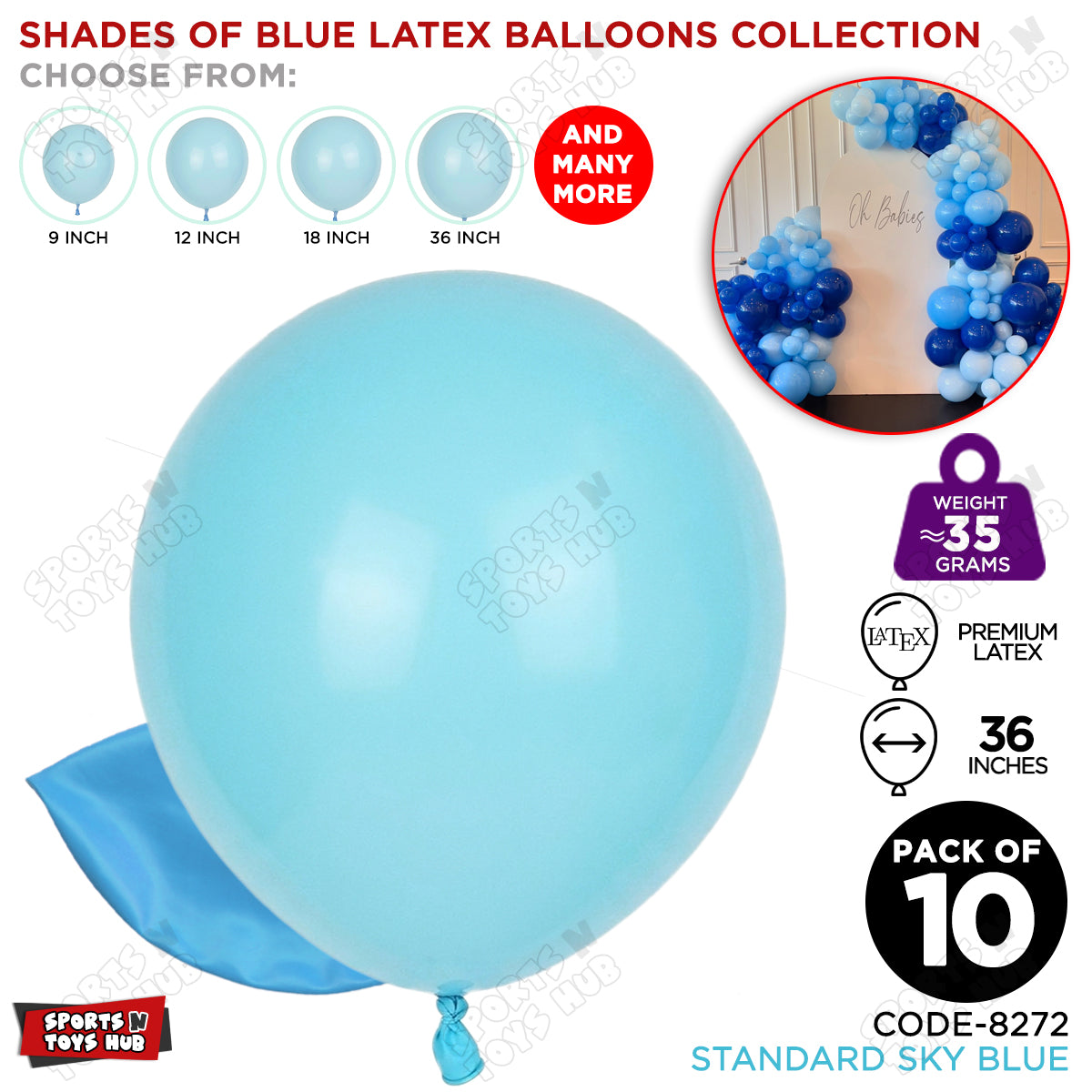 Sky Blue Latex Solid Balloons Available In 9, 12, 18 & 36 Inch Sizes
