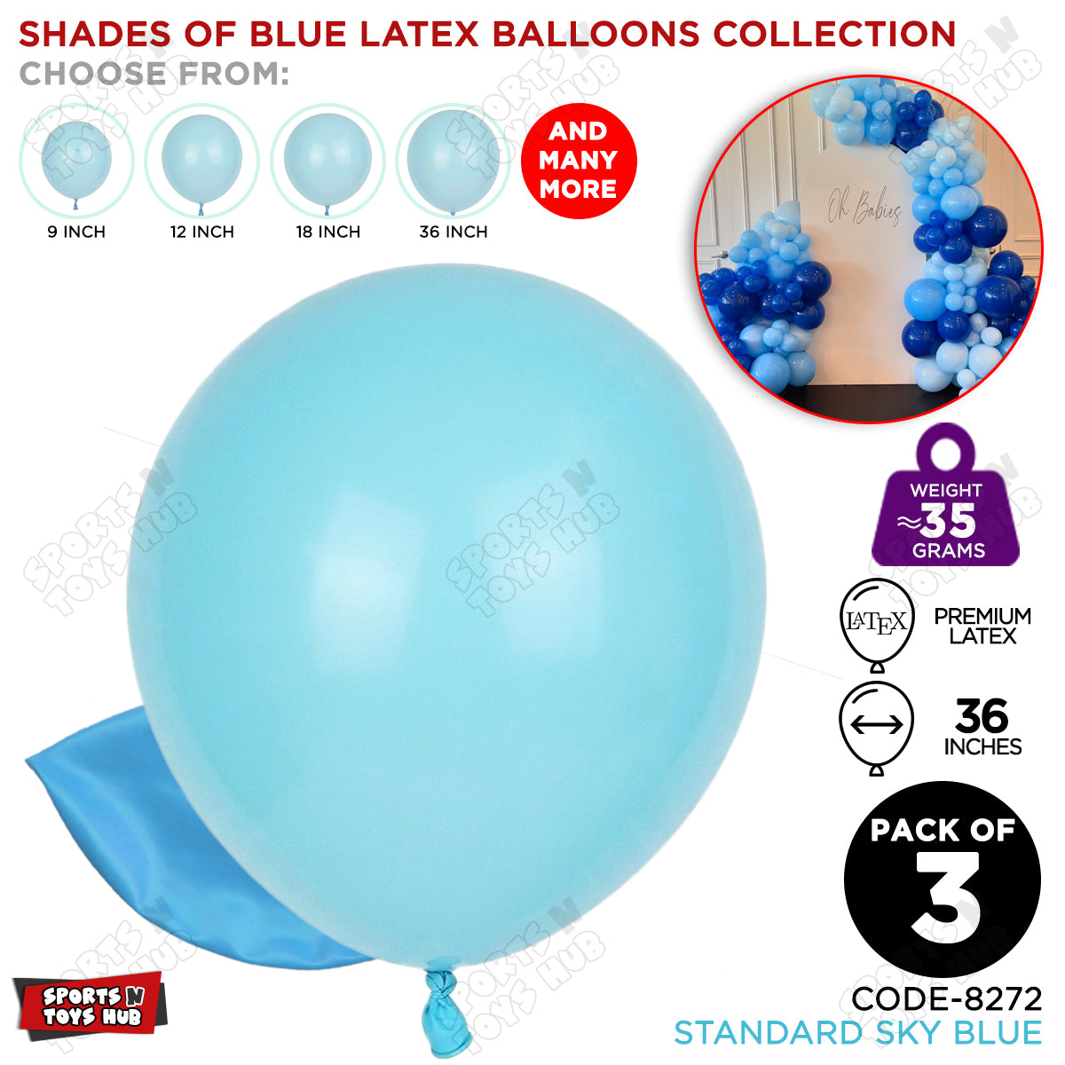 Sky Blue Latex Solid Balloons Available In 9, 12, 18 & 36 Inch Sizes