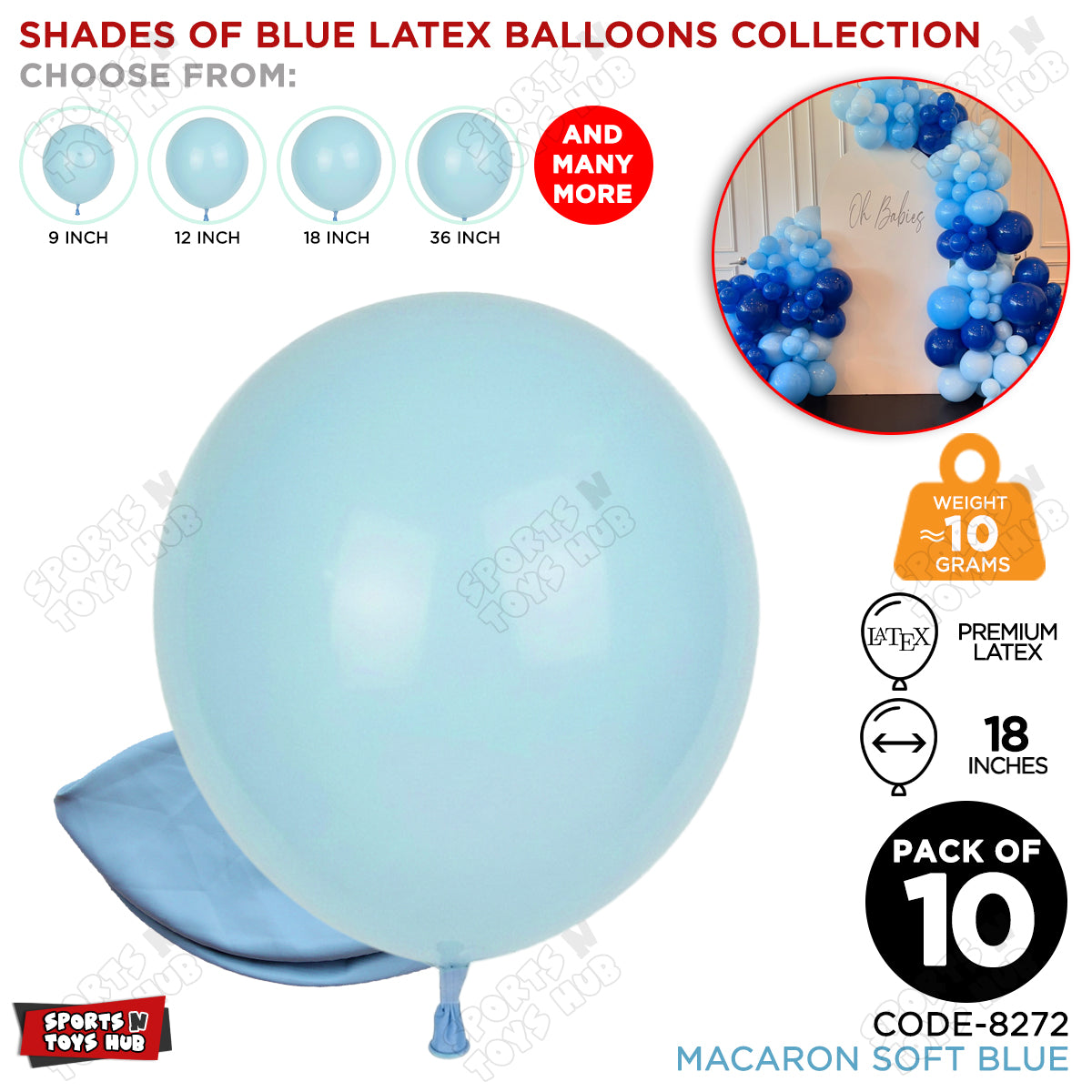 Soft Blue Macaron Latex Balloons Available In 9, 12, 18 & 36 Inch Sizes