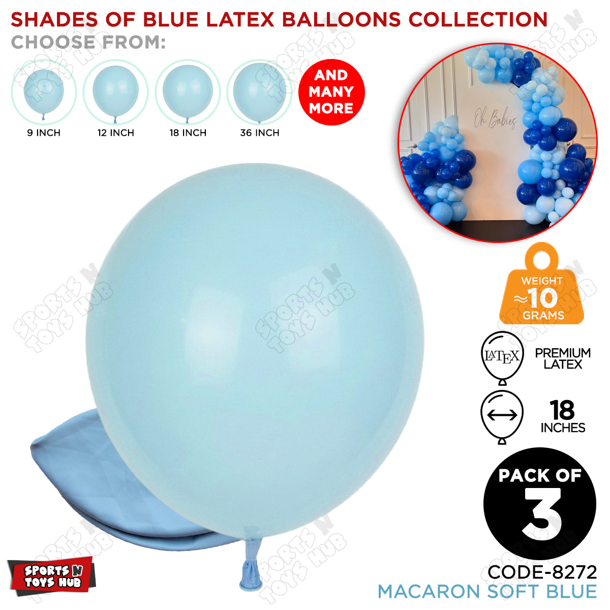 Soft Blue Macaron Latex Balloons Available In 9, 12, 18 & 36 Inch Sizes
