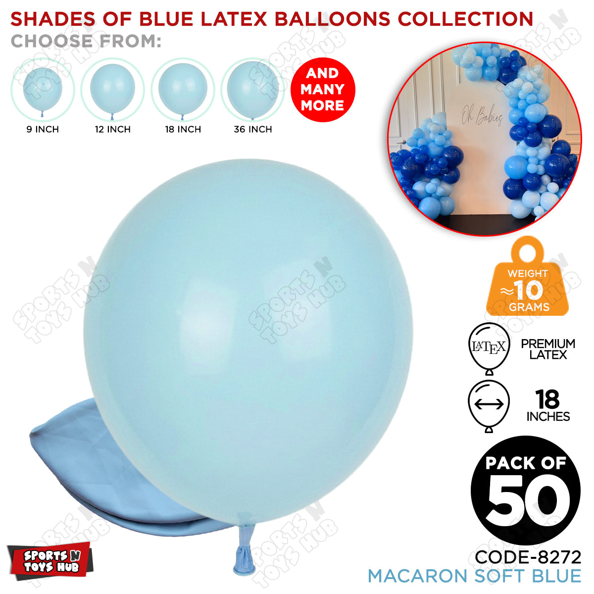 Soft Blue Macaron Latex Balloons Available In 9, 12, 18 & 36 Inch Sizes