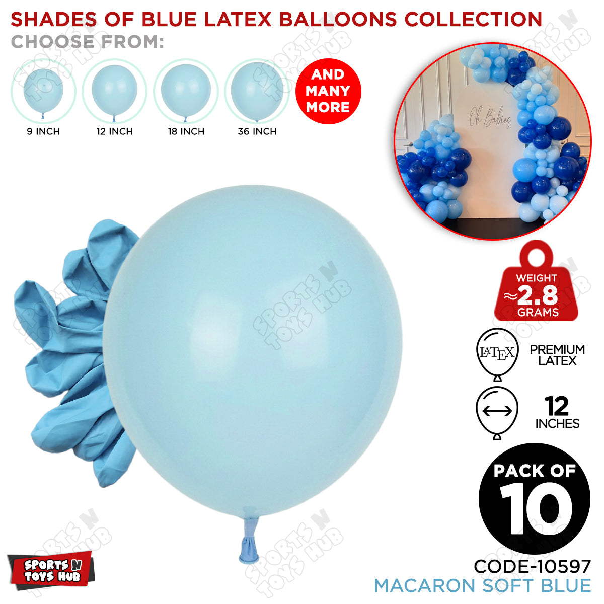 Soft Blue Macaron Latex Balloons Available In 9, 12, 18 & 36 Inch Sizes