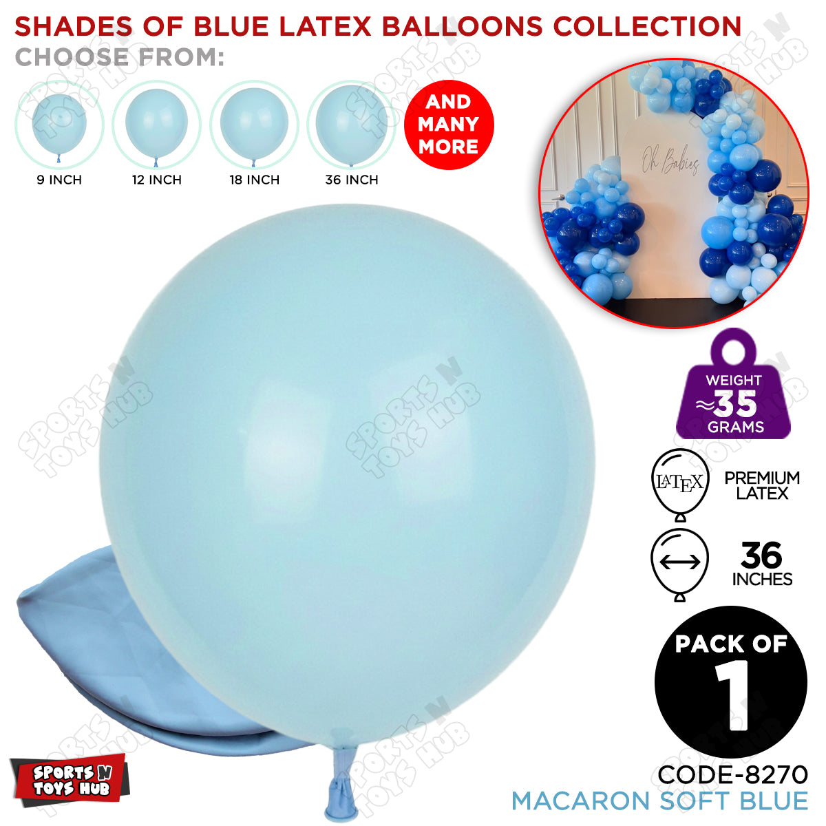 Soft Blue Macaron Latex Balloons Available In 9, 12, 18 & 36 Inch Sizes