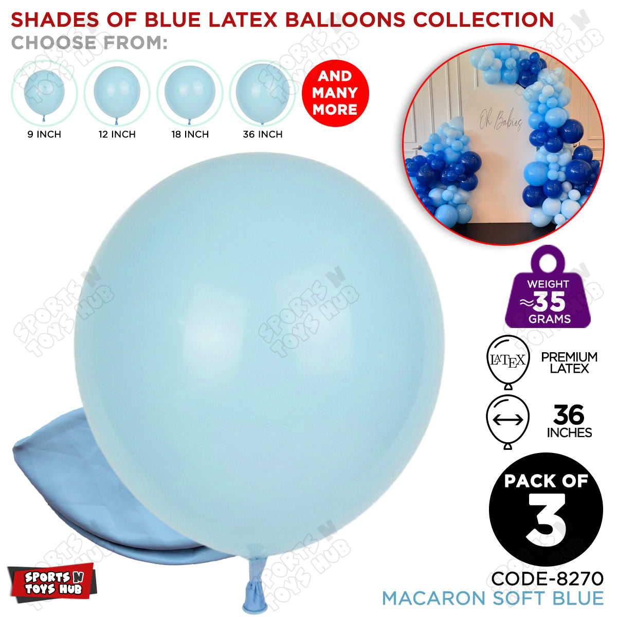 Soft Blue Macaron Latex Balloons Available In 9, 12, 18 & 36 Inch Sizes