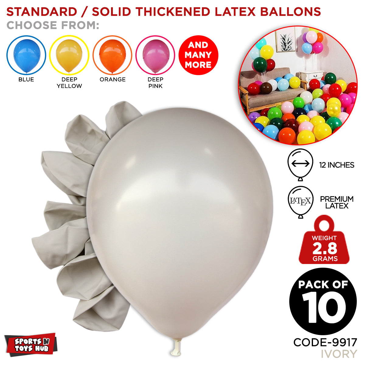 12 Inch 2.8 Gram Solid Latex Round Balloons - 10 Pcs
