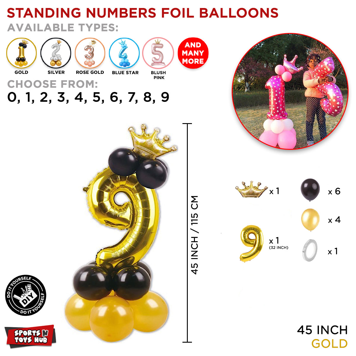 Gold Crown Number Foil Standing Balloon Collection