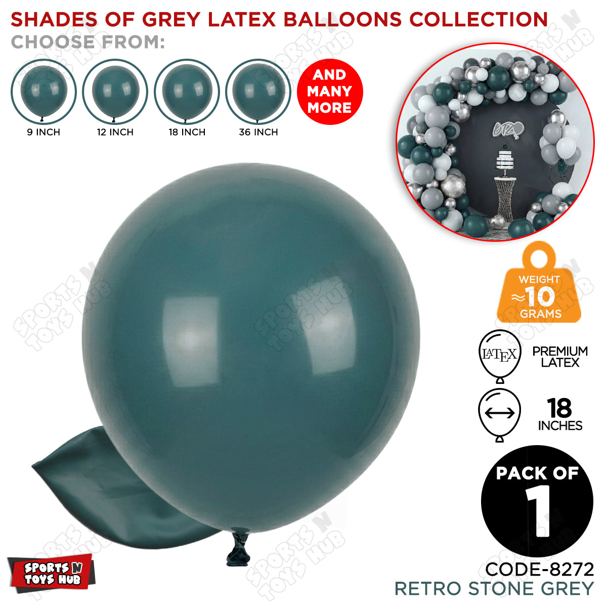 Stone Grey Latex Balloons Available In 9, 12, 18 & 36 Inch Sizes