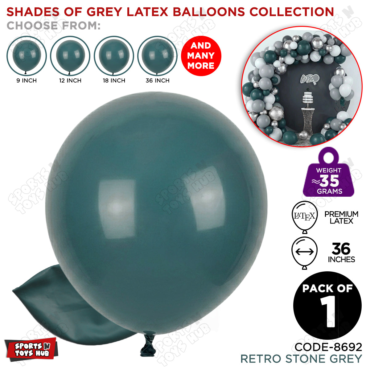 Stone Grey Latex Balloons Available In 9, 12, 18 & 36 Inch Sizes