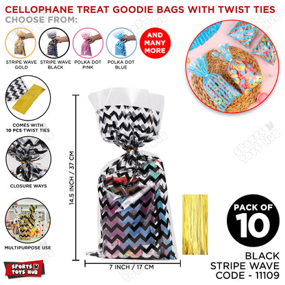Cellophane Treat Stripe Waves Design Goodies Gift Bag With Twist Ties - Pack of 10