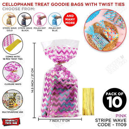 Cellophane Treat Stripe Waves Design Goodies Gift Bag With Twist Ties - Pack of 10