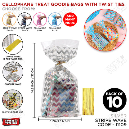 Cellophane Treat Stripe Waves Design Goodies Gift Bag With Twist Ties - Pack of 10