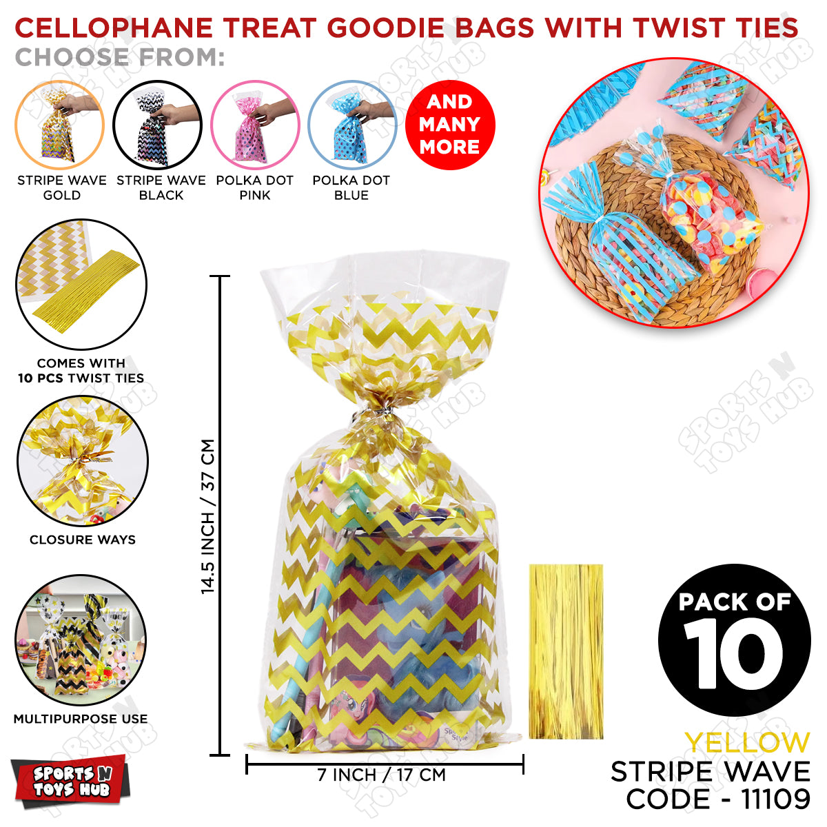 Cellophane Treat Stripe Waves Design Goodies Gift Bag With Twist Ties - Pack of 10