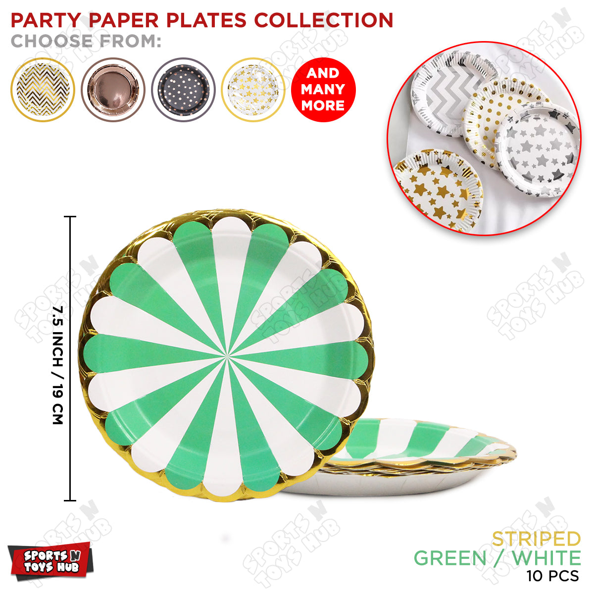 Disposable Printed Striped Pattern Plates with Foil Edge - Pack Of 10