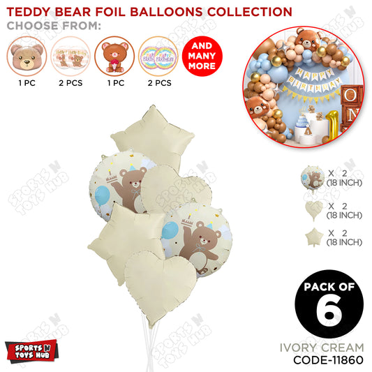 Printed Teddy Bear Round Foil Balloon Bouquet With Shape Foil Balloon - Pack Of 6