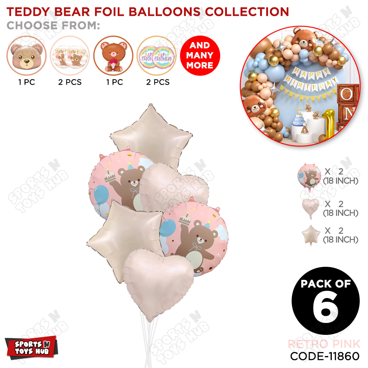Printed Teddy Bear Round Foil Balloon Bouquet With Shape Foil Balloon - Pack Of 6