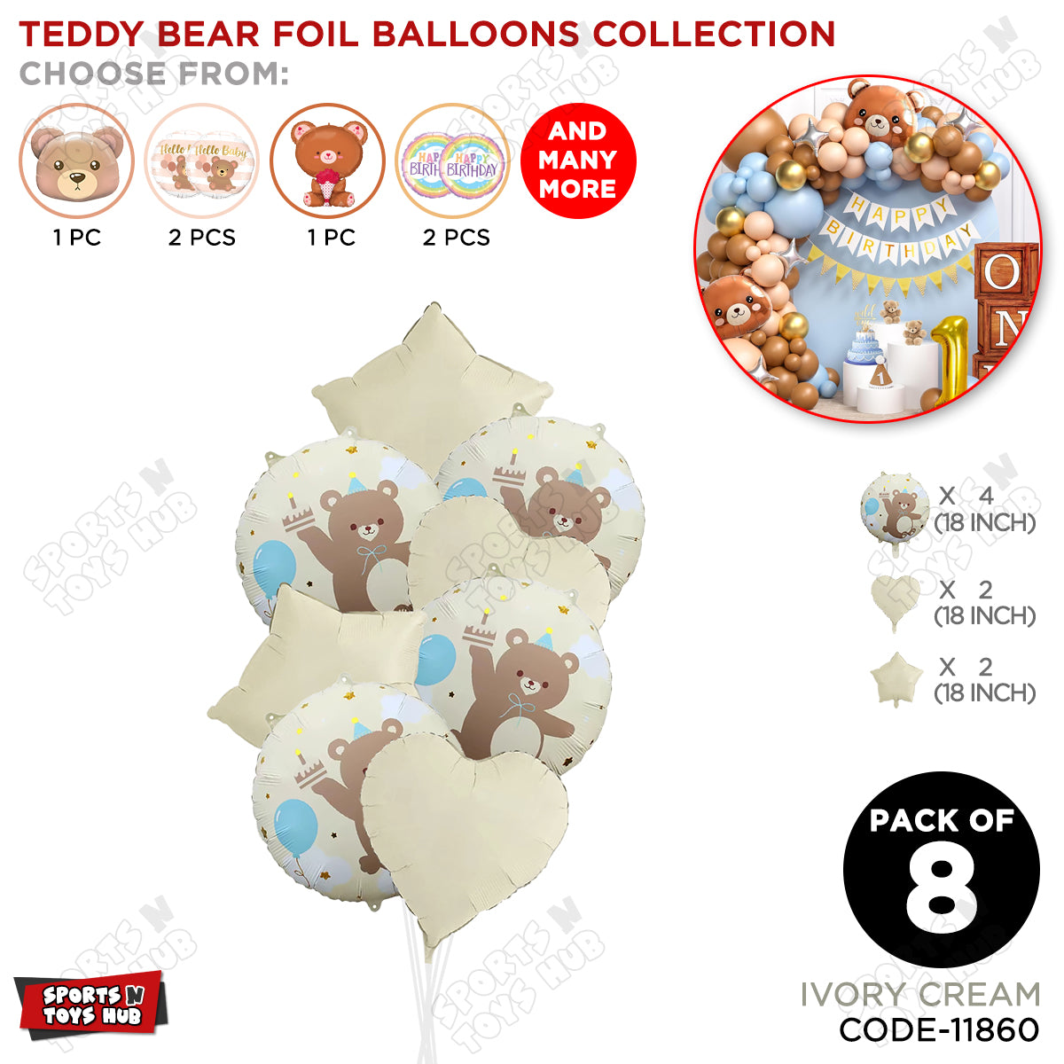 Printed Teddy Bear Round Foil Balloon Bouquet With Shape Foil Balloon - Pack Of 8