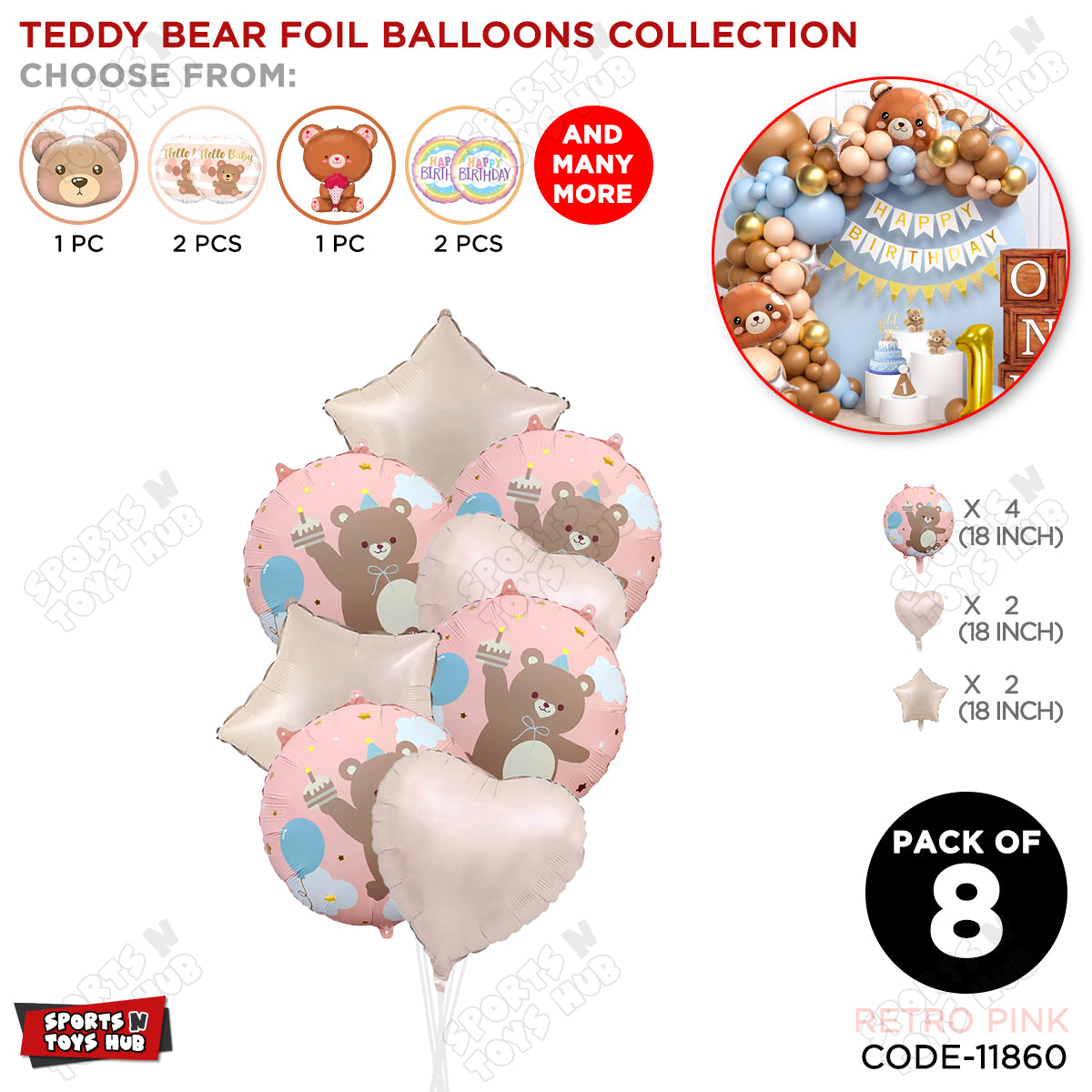 Printed Teddy Bear Round Foil Balloon Bouquet With Shape Foil Balloon - Pack Of 8