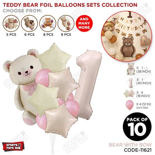 Pack of 10 Vintage Teddy Bear Foil Balloon Set with Bow – Premium Teddy Bear Theme Balloons for Baby Shower, Welcome Baby, First Birthday, Gender Reveal, Baby Boy & Baby Girl Party Decorations