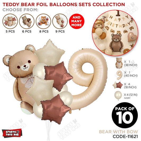 Pack of 10 Vintage Brown Teddy Bear Foil Balloon Set with Bow – Premium Teddy Bear Theme Balloons for Baby Shower, Welcome Baby, First Birthday, Gender Reveal, Baby Boy & Baby Girl Birthday Party Decorations, Nursery Celebration & Kids Event Decor