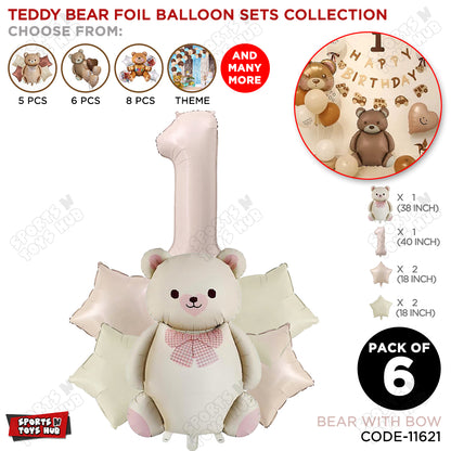 Vintage Teddy Bear Foil Balloon Decoration Set with Bow – Pack of 6 Premium Cute Bear Theme Balloons for Baby Shower, Birthday Party, Gender Reveal, Welcome Baby & Teddy Bear Party Decorations