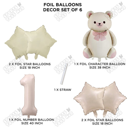 Vintage Teddy Bear Foil Balloon Decoration Set with Bow – Pack of 6 Premium Cute Bear Theme Balloons for Baby Shower, Birthday Party, Gender Reveal, Welcome Baby & Teddy Bear Party Decorations