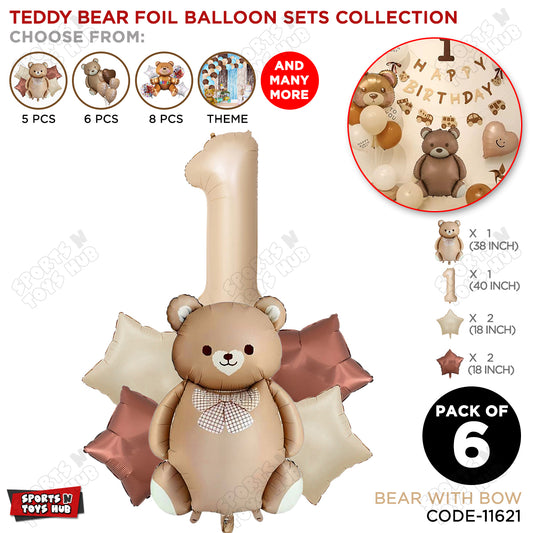 Vintage Brown Teddy Bear Foil Balloon Set with Bow – Pack of 6 Premium Teddy Bear Theme Balloons for Baby Shower, First Birthday, Welcome Baby, Gender Reveal & Party Decorations