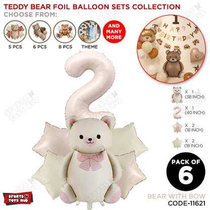 Vintage Teddy Bear Foil Balloon Decoration Set with Bow – Pack of 6 Premium Cute Bear Theme Balloons for Baby Shower, Birthday Party, Gender Reveal, Welcome Baby & Teddy Bear Party Decorations