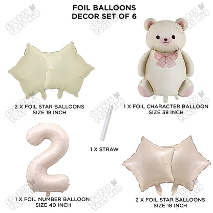 Vintage Teddy Bear Foil Balloon Decoration Set with Bow – Pack of 6 Premium Cute Bear Theme Balloons for Baby Shower, Birthday Party, Gender Reveal, Welcome Baby & Teddy Bear Party Decorations