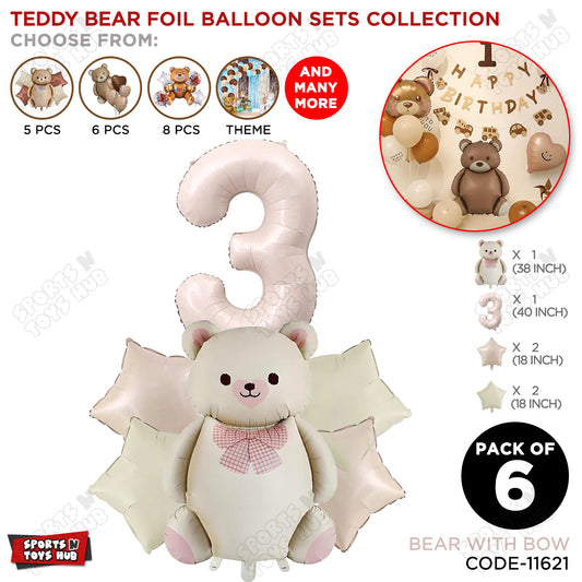 Vintage Teddy Bear Foil Balloon Decoration Set with Bow – Pack of 6 Premium Cute Bear Theme Balloons for Baby Shower, Birthday Party, Gender Reveal, Welcome Baby & Teddy Bear Party Decorations