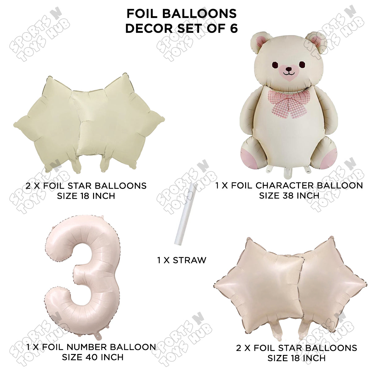 Vintage Teddy Bear Foil Balloon Decoration Set with Bow – Pack of 6 Premium Cute Bear Theme Balloons for Baby Shower, Birthday Party, Gender Reveal, Welcome Baby & Teddy Bear Party Decorations
