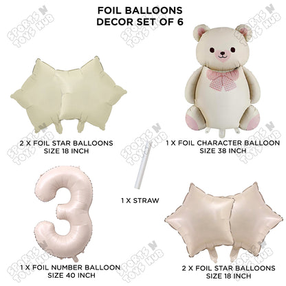 Vintage Teddy Bear Foil Balloon Decoration Set with Bow – Pack of 6 Premium Cute Bear Theme Balloons for Baby Shower, Birthday Party, Gender Reveal, Welcome Baby & Teddy Bear Party Decorations