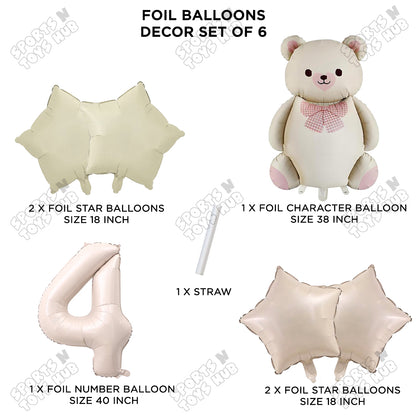 Vintage Teddy Bear Foil Balloon Decoration Set with Bow – Pack of 6 Premium Cute Bear Theme Balloons for Baby Shower, Birthday Party, Gender Reveal, Welcome Baby & Teddy Bear Party Decorations