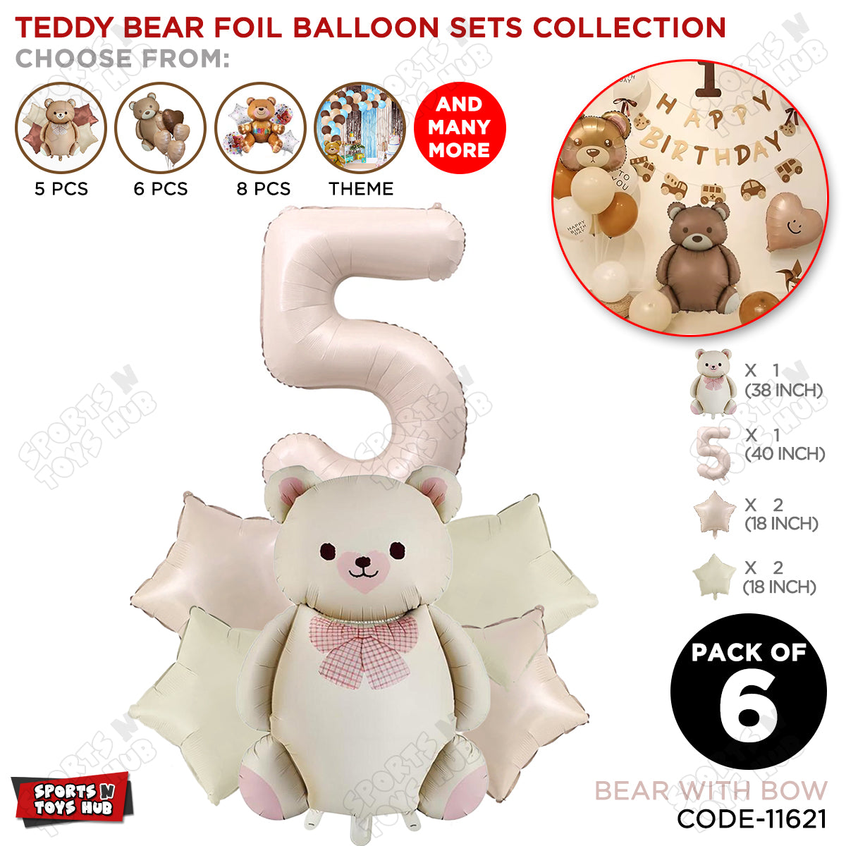 Vintage Teddy Bear Foil Balloon Decoration Set with Bow – Pack of 6 Premium Cute Bear Theme Balloons for Baby Shower, Birthday Party, Gender Reveal, Welcome Baby & Teddy Bear Party Decorations